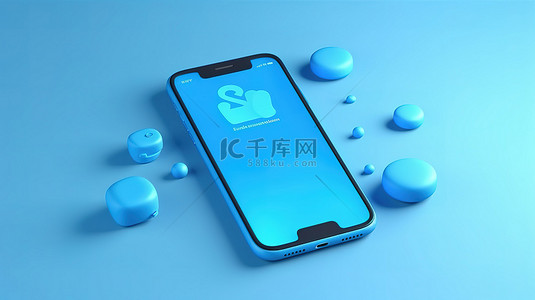 手机聊天背景背景图片_简约时尚的 3D 智能手机蓝色插图，带有聊天图标