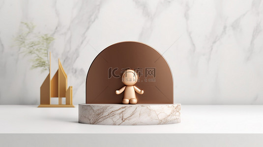 白色大理石讲台上的青铜儿童符号非常适合网站社交媒体演示和设计模板 3D 渲染