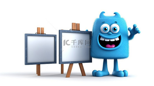 蓝书吉祥物的 3D 渲染，该吉祥物持有空白木制菜单黑板，用于白色背景上的户外展示