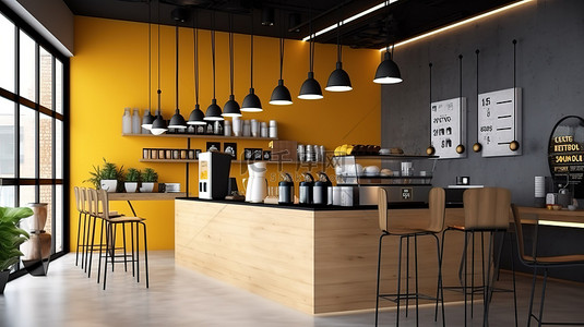 以咖啡店为特色的零售建筑设计 3D 插图，带有横幅和菜单样机