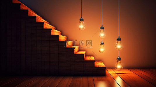 创新发展背景图片_象征创造力和创新的楼梯和灯泡的 3D 渲染