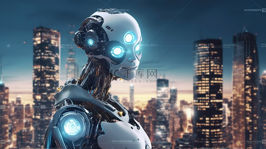 智慧城市插画背景图片_以具有 3D 渲染功能的 AI 机器人为特色的未来城市景观