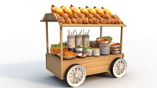 快餐餐饮背景背景图片_亚洲街头食品车的白色背景 3D 渲染，出售带椅子的金丸面