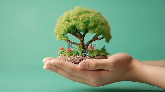 用 3D 渲染的手拿着粘土地球仪和树木来庆祝地球日，认为绿色