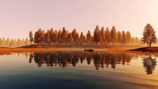 河水草地背景图片_日出时宁静的湖泊金色的树木和茂盛的草地的令人惊叹的 3D 渲染