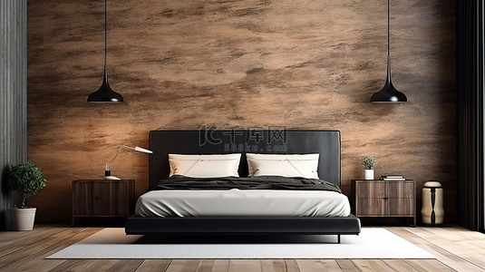 时尚的卧室内饰，配有木质边桌和 3D 渲染的醒目的黑色图案墙