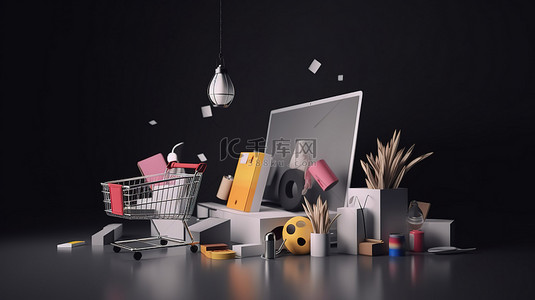 数字购物 3D 计算机显示信用卡产品和纸袋用于在线商务