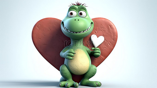 可爱的 3D 恐龙，心中有一个标志和爱