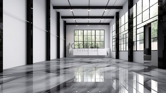 时尚的现代店面采用黑色铝和玻璃，配有大理石地板 3D 插图