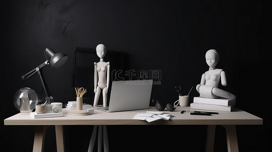 黑色桌子 3D 插图数字工作区，配有平板电脑文具娃娃和充足的复印空间
