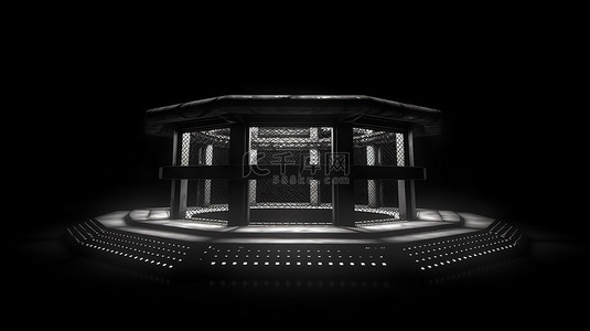 拳击背景图片_聚光灯 3D 渲染下 MMA 八边形的黑色隔离底视图