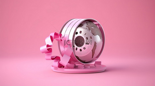 胶片背景图片_3D 渲染的粉红色背景，胶片卷轴上带有地球形状的电影磁带