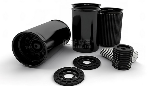 带塑料罐的黑色外壳中过滤机油和新滤油器的 3D 渲染