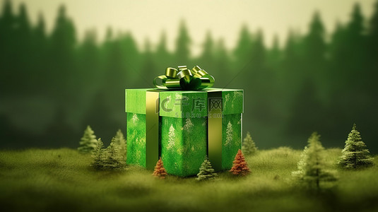 节日森林礼物 3d 绿色礼品盒隔离在森林形状的背景上
