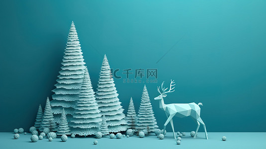 礼品盒子简约背景图片_简约的圣诞树和鹿，带有 3D 蓝色背景渲染的礼物
