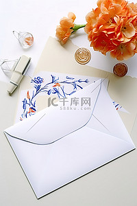 桌子背景图片_在白色桌子上的塑料物体旁边写邮件的信件