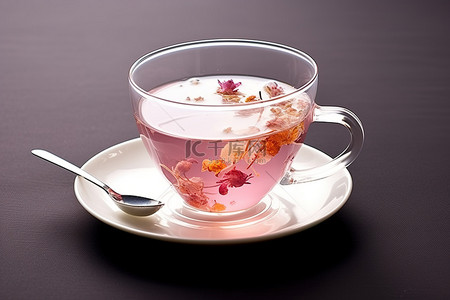 粉红色的茶杯，配有三种彩色宝石