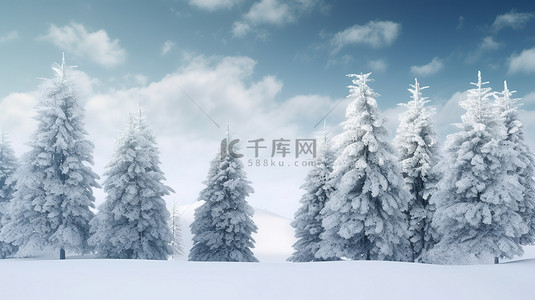 雪森林背景图片_寒冷的森林景观雪覆盖着松树，有降雪和 3D 渲染中的复制空间
