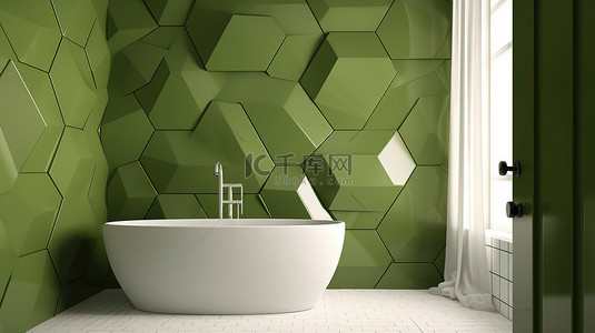 厨房背景图片_白色地板浴室中橄榄绿多边形几何瓷砖墙的极端特写 3D 渲染
