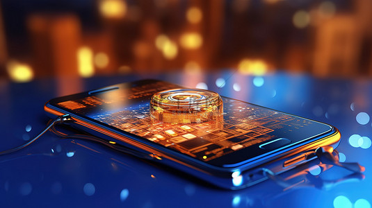 现代背景的 3D 渲染，蓝色和橙色的灯光照亮手机