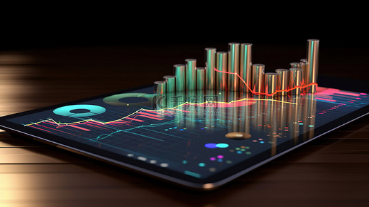 显示比特币增长趋势和 3D 渲染图表的平板电脑