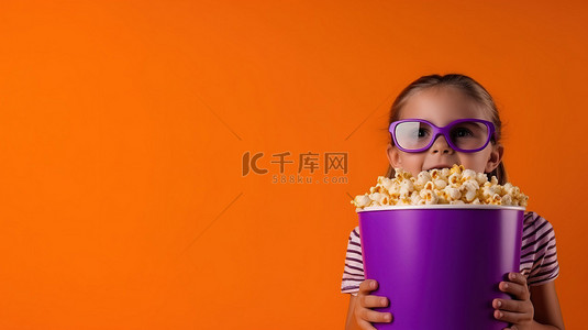 年轻人戴着 3D 眼镜，在充满活力的紫色背景下抓着一大桶爆米花，凝视着旁边