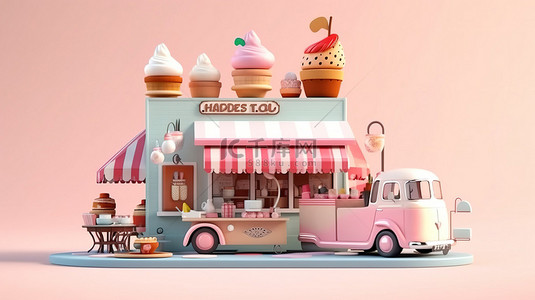 甜品背景图片_甜品店咖啡屋和餐厅送货服务的卡通 3D 插图