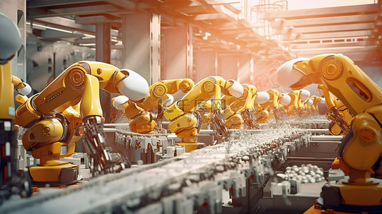 创新自动化 3D 渲染机器人装配线在工厂工作