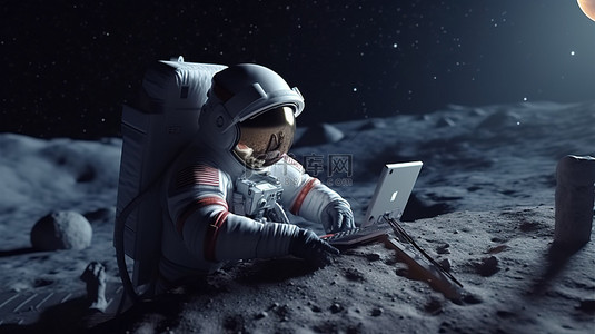 火锅进行时背景图片_宇航员在驻扎月球时对太空殖民地的笔记本电脑进行研究 3D 可视化