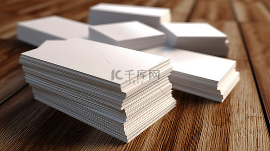 名片背景图片_现代 3D 渲染白色名片堆叠在抽象木质背景上