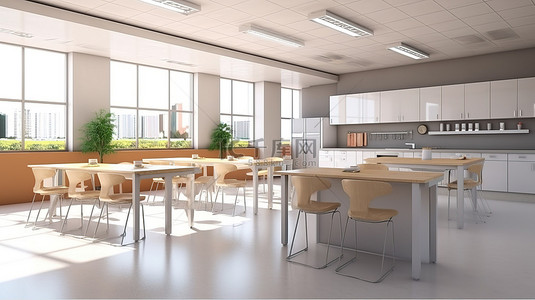 配备现代化的教室和厨房为学生提供一个空的空间 3D 渲染