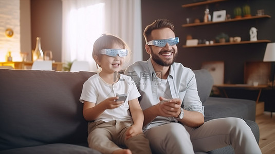 快乐的爸爸和儿子通过电视和 3D 眼镜建立联系