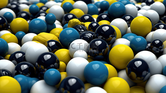 3D 渲染抽象插图的特写，其中一组为白色蓝色黄色和黑色球