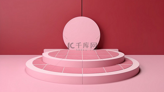 粉红色 3D 几何讲台，带有红色价格标签，用于产品植入渲染图像