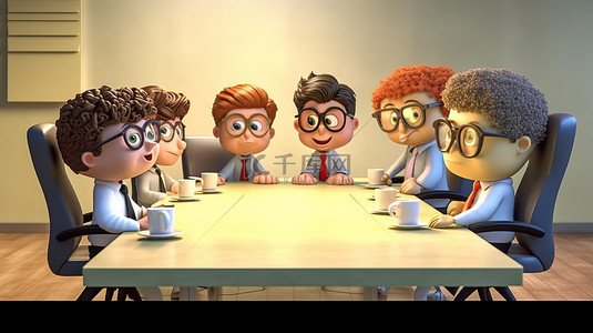 3D 同事中欢快的卡通在办公室会议上进行商务会谈