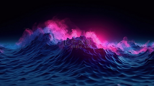 黑暗霓虹海 3d 渲染中的紫外线发光暴风雨夜波