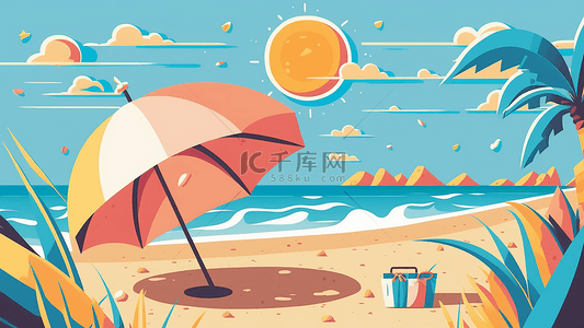 沙滩太阳伞背景图片_夏天太阳伞水桶沙滩扁平