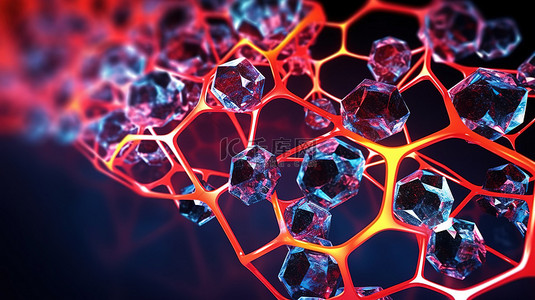 黑网格背景图片_六角形系统结晶分子突触的 3d 插图