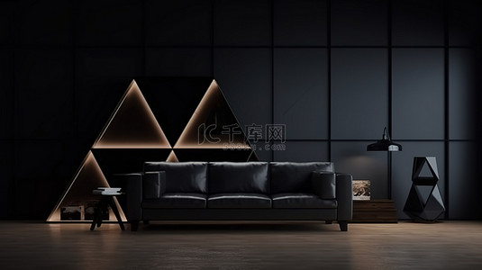 黑色三角形背景下 3D 渲染的最小日本家具店