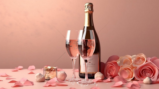 香槟瓶上展示着带有 3D 眼镜和玫瑰花瓣的模型海报