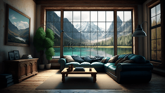 客厅传统木质家具大窗户湖景山色