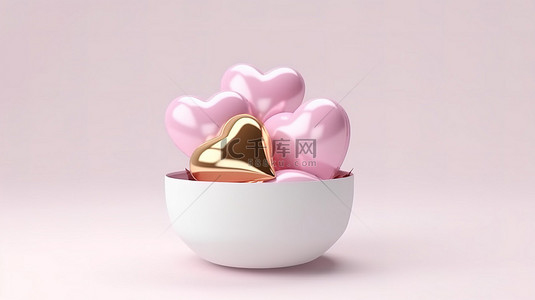 粉红爱心背景图片_悬浮心形气球和开放式粉色礼盒，采用金属粉红金和白色，非常适合 3D 情人节抽象概念
