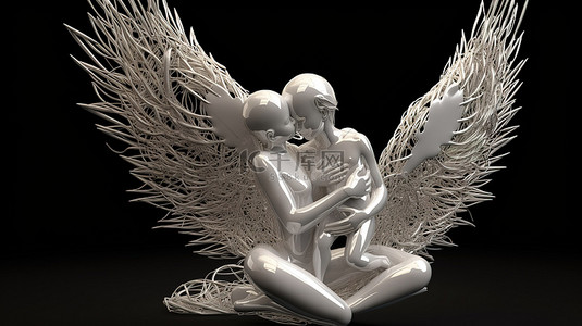 天使妈妈与心脏元素安慰婴儿在 3D 渲染