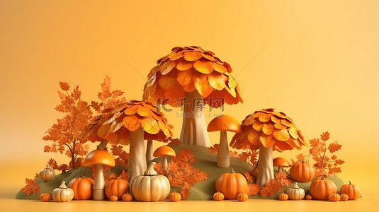 黄叶背景图片_3D 感恩节讲台渲染秋叶南瓜橡子和蘑菇