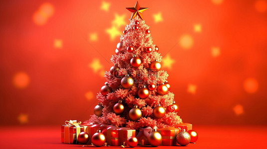 红色模糊背景图片_节日圣诞树上装饰着装饰品，背景为 3D 所示的柔和红色模糊背景