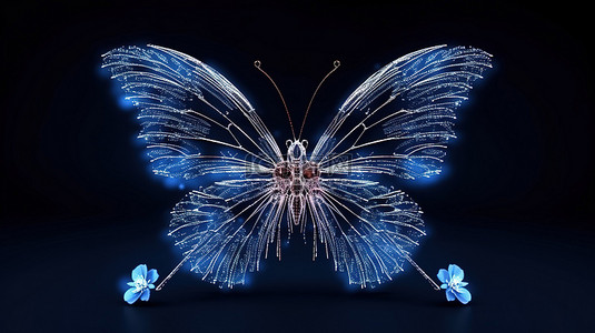 背景上蓝色蝴蝶萤火虫花和太阳的线框 3D 渲染