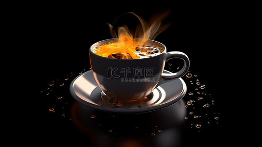 黑色背景上咖啡杯的 3D 插图特写