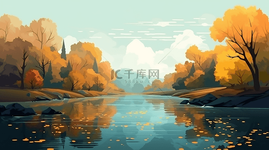 假期背景背景图片_秋天森林河流卡通背景