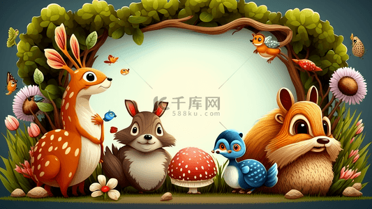 可爱动物卡通背景背景图片_小动物小鹿松鼠兔子插画边框背景