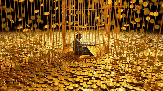 被困在镀金的监狱里，象征着挫败感财务困境商业失败和经济困境 3D 渲染